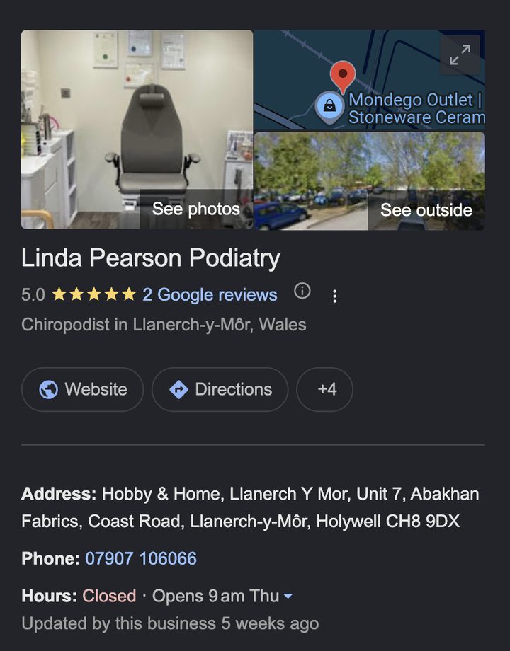 Linda Pearson Podiatry's Google Business Profile, showing a 5.0 rating, opening hours, address, phone number and photos of the clinic
