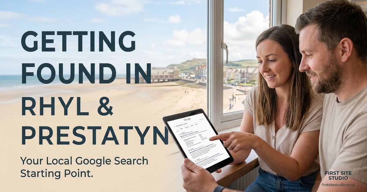 Two people looking at Google search results on a tablet, with a headline reading 'Getting found in Rhyl & Prestatyn: your local Google search starting point' and a view of the seafront behind them