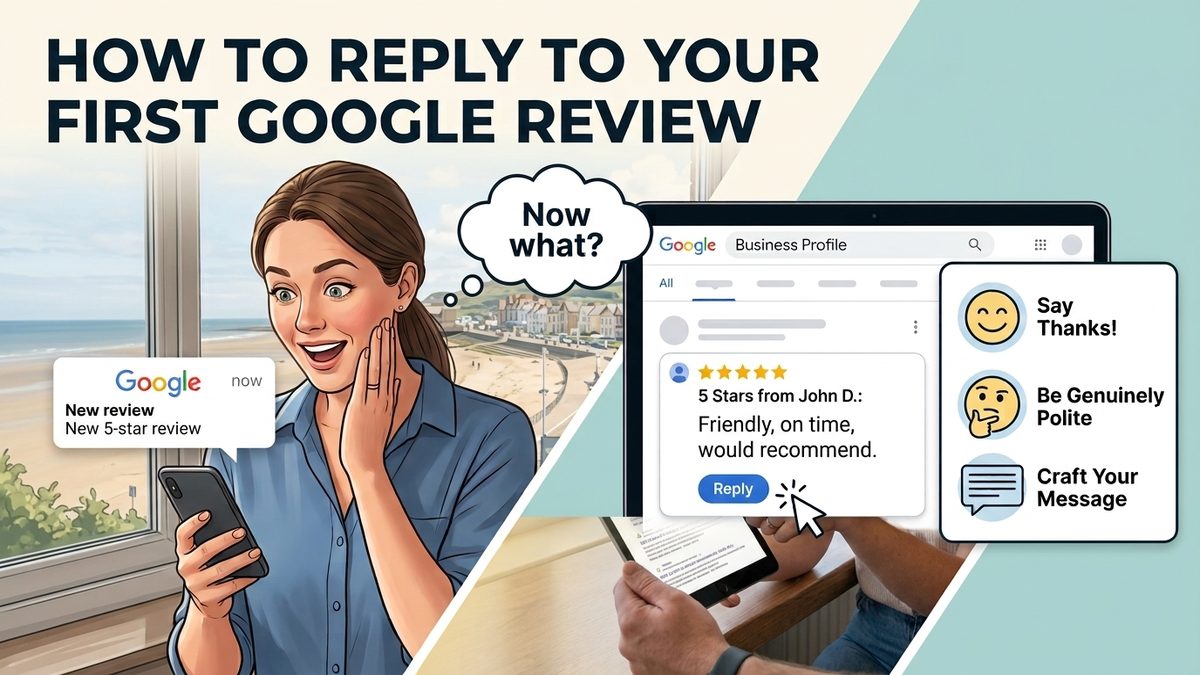 Illustration of a small business owner reading a new five-star Google review notification on her phone and wondering what to do next, beside a Google Business Profile screen with a Reply button