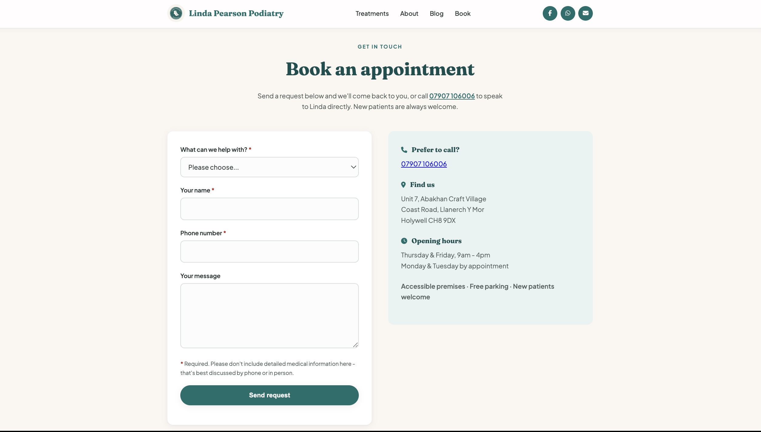 The booking page, showing the enquiry type selector and treatment dropdown