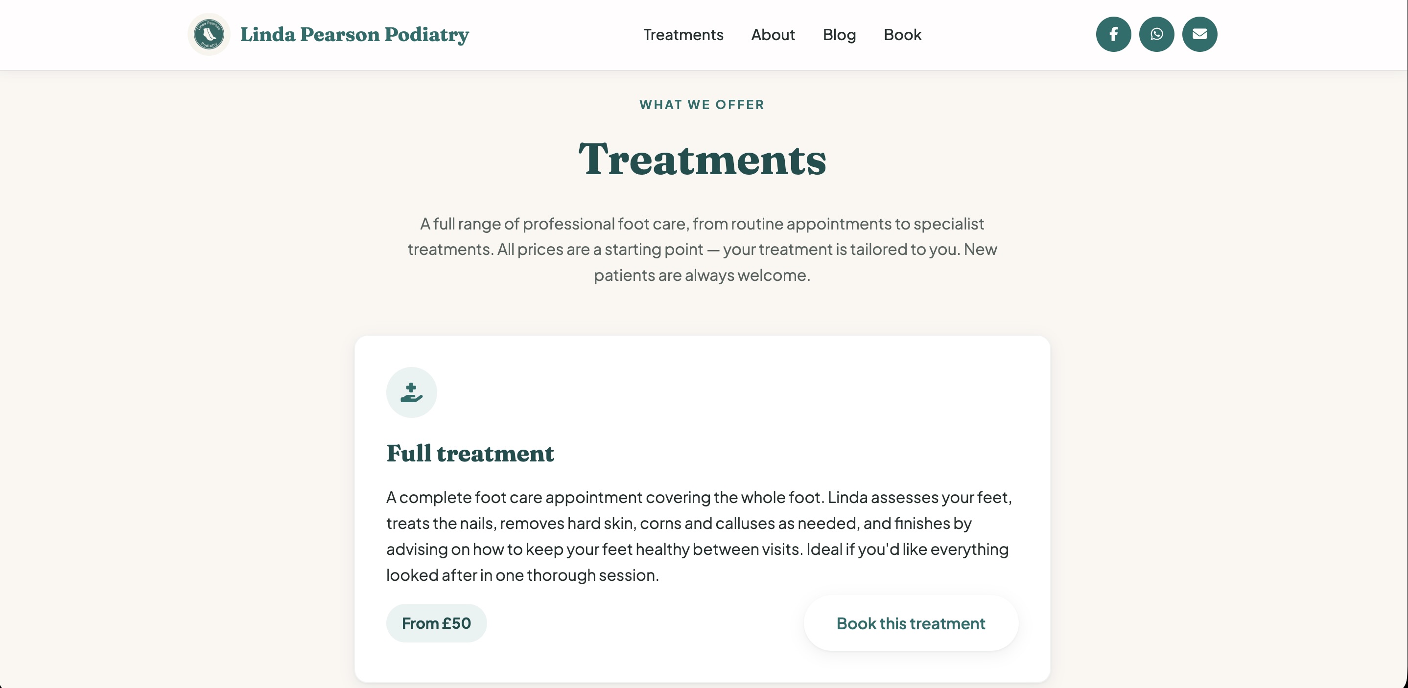 The treatments page, showing individual sections for each condition with prices and explanations