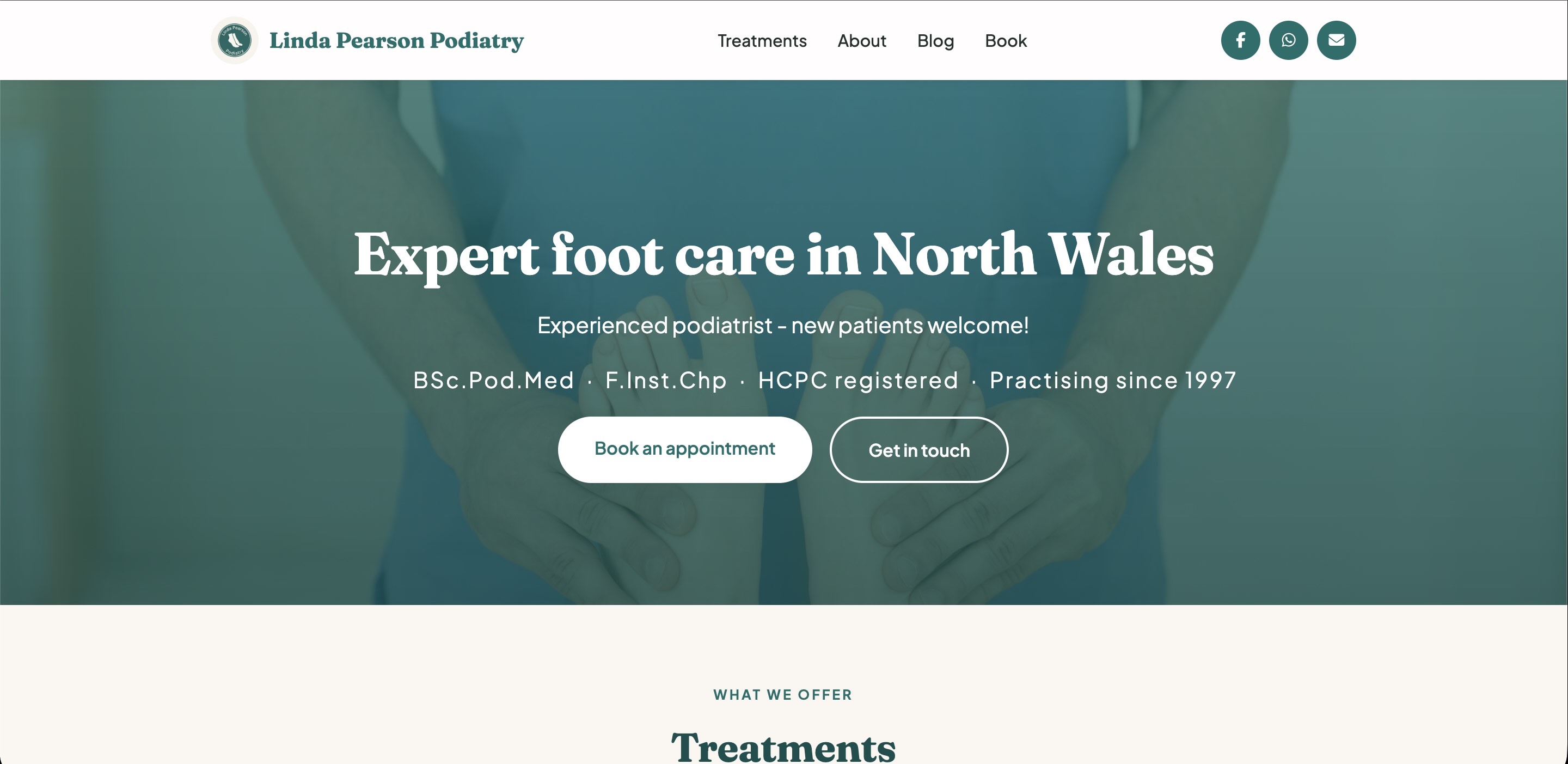 The Linda Pearson Podiatry homepage, headed Expert foot care in North Wales