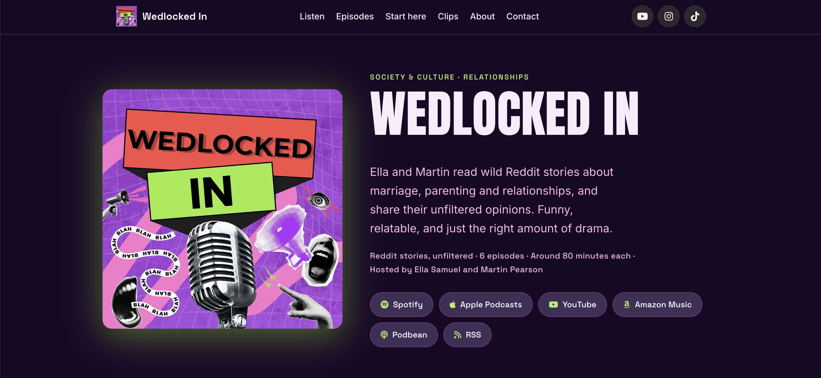 The Wedlocked In podcast homepage, showing the show artwork and links to listen on Spotify and Apple Podcasts